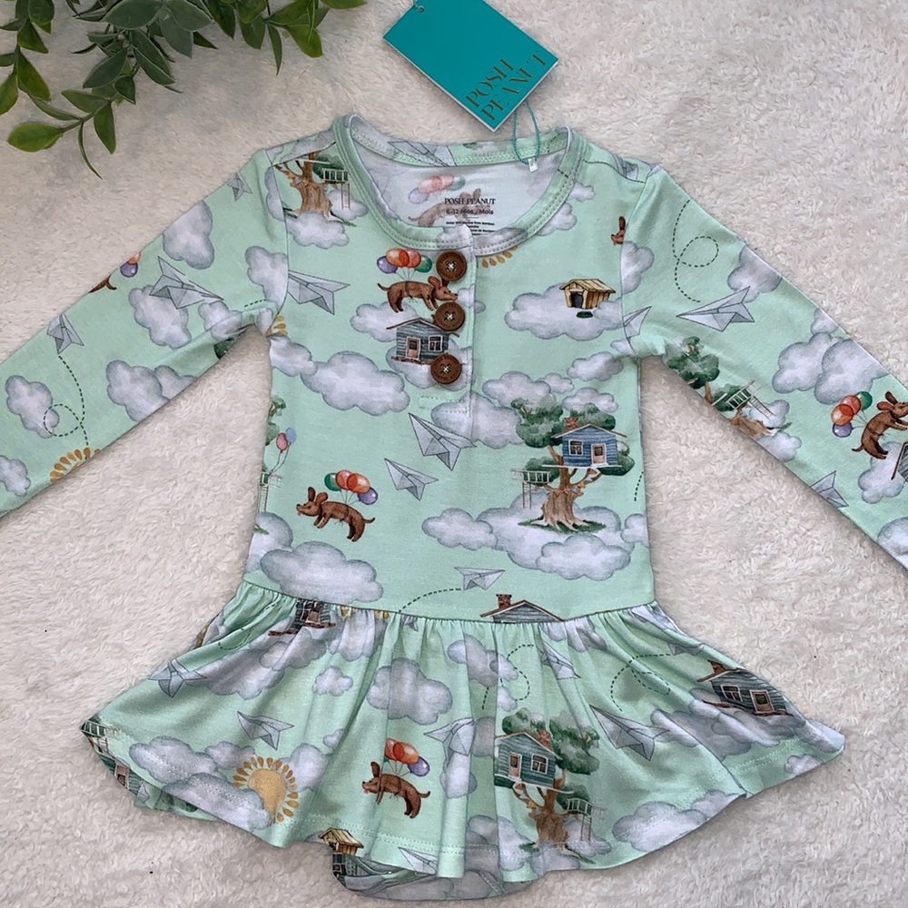 NWT Posh Peanut Tree House Henley Twirl Bodysuit Dress 6-12M